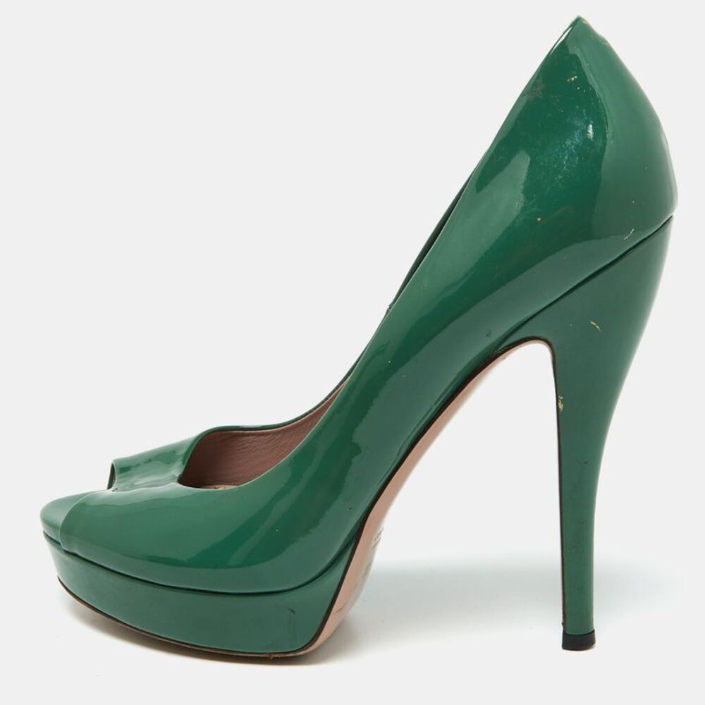 Gucci Green Patent Leather Peep Toe Platform Pumps Size 39
